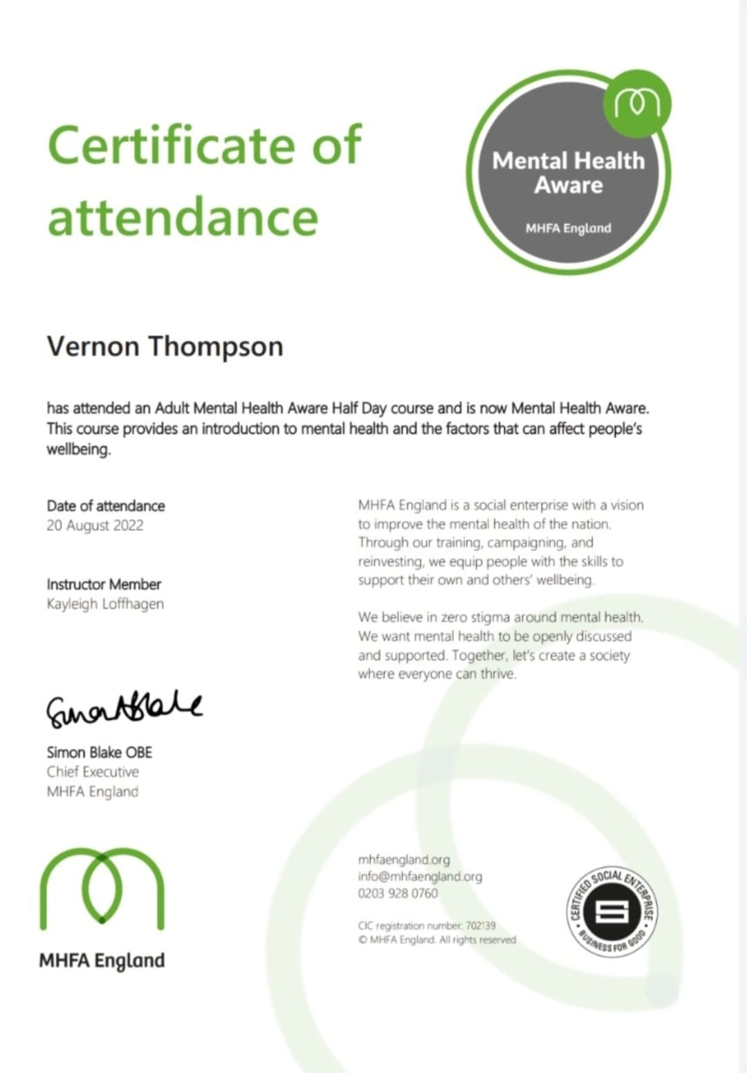 Mental Health Awareness Training - August 2022